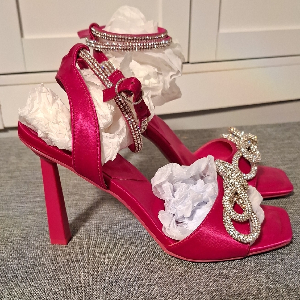 Call‎ It Spring Hot Pink Satin Rhinestone Strap Heels